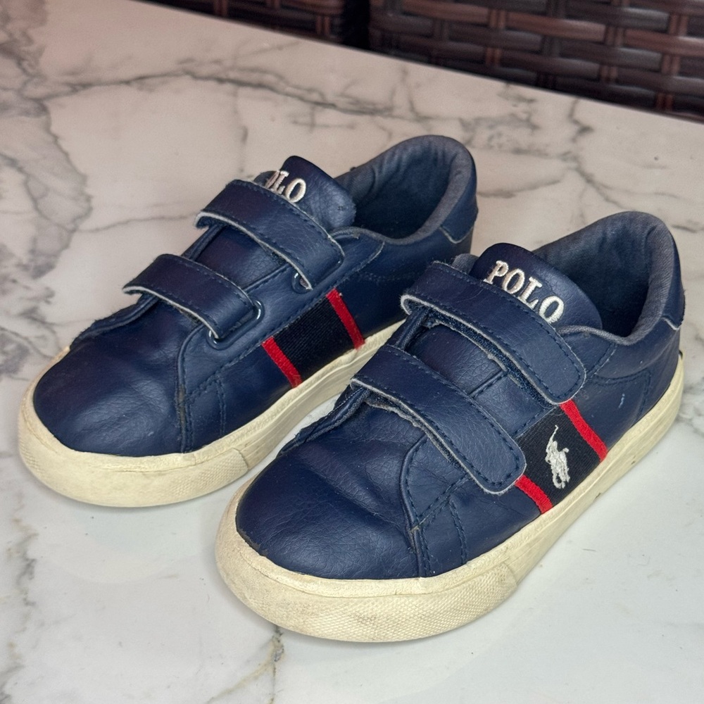 4/$15 Polo by Ralph Lauren Kids Velcro Sneakers in Navy and Red
